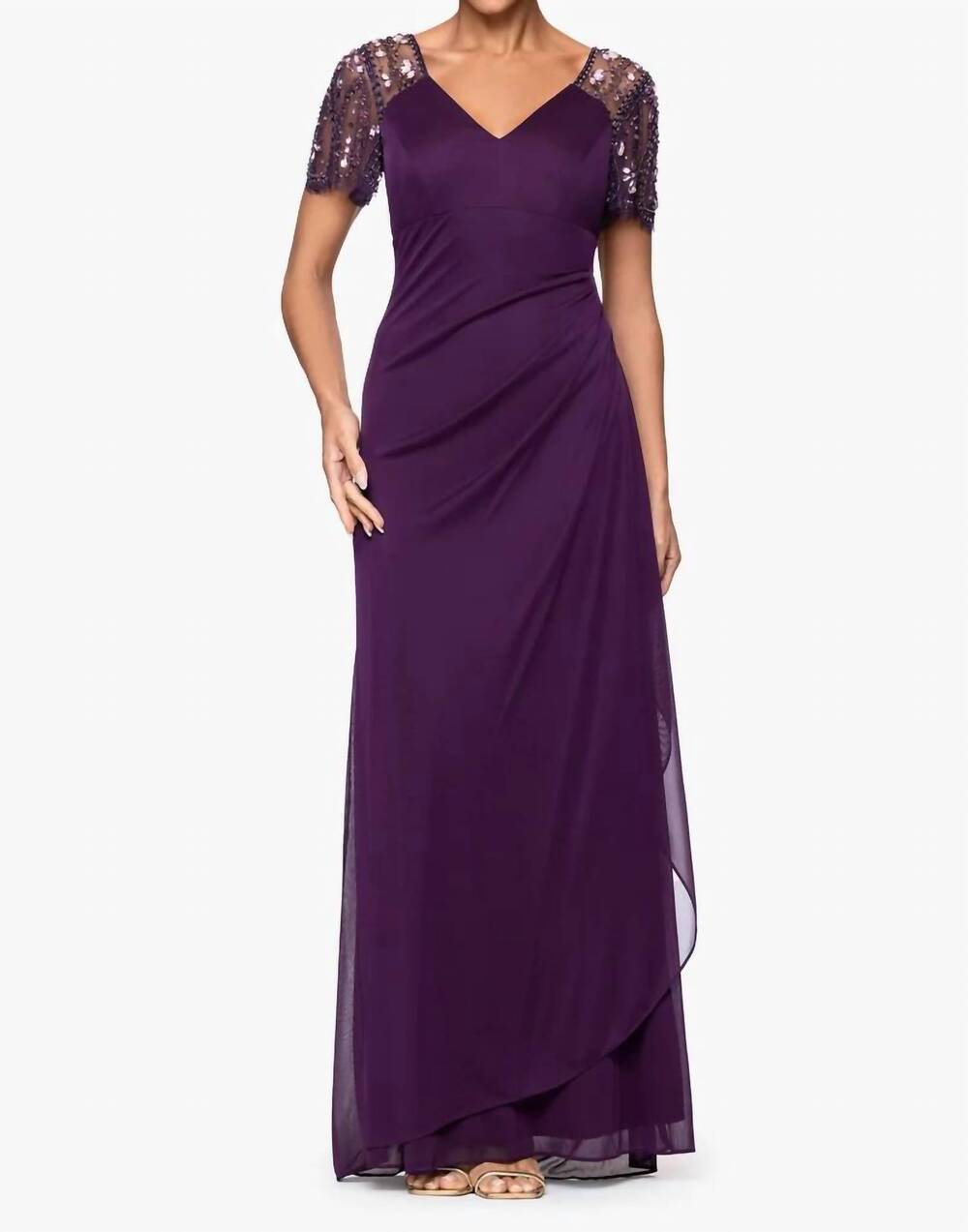 NEW XSCAPE lana sheer matte jersey beaded flutter sleeve dress in plum